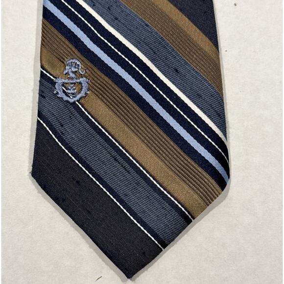 Vintage Via Re Mens Embroidered Crest Textured Regimental Striped Blue Brown Tie - Picture 3 of 7